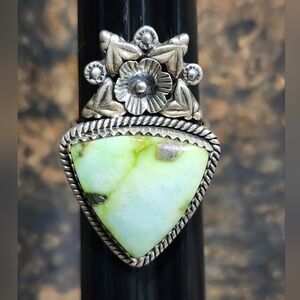 Artisan Sterling Silver Palomino Green Stone Adjustable Ring Size 10 -12 Jewelry